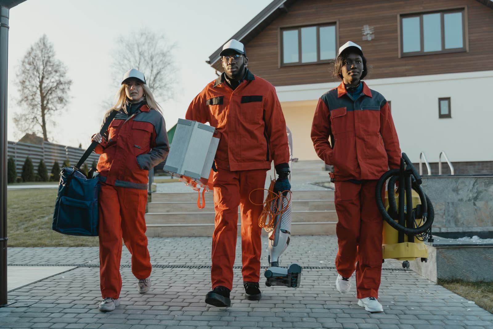 Cleaning team with equipment